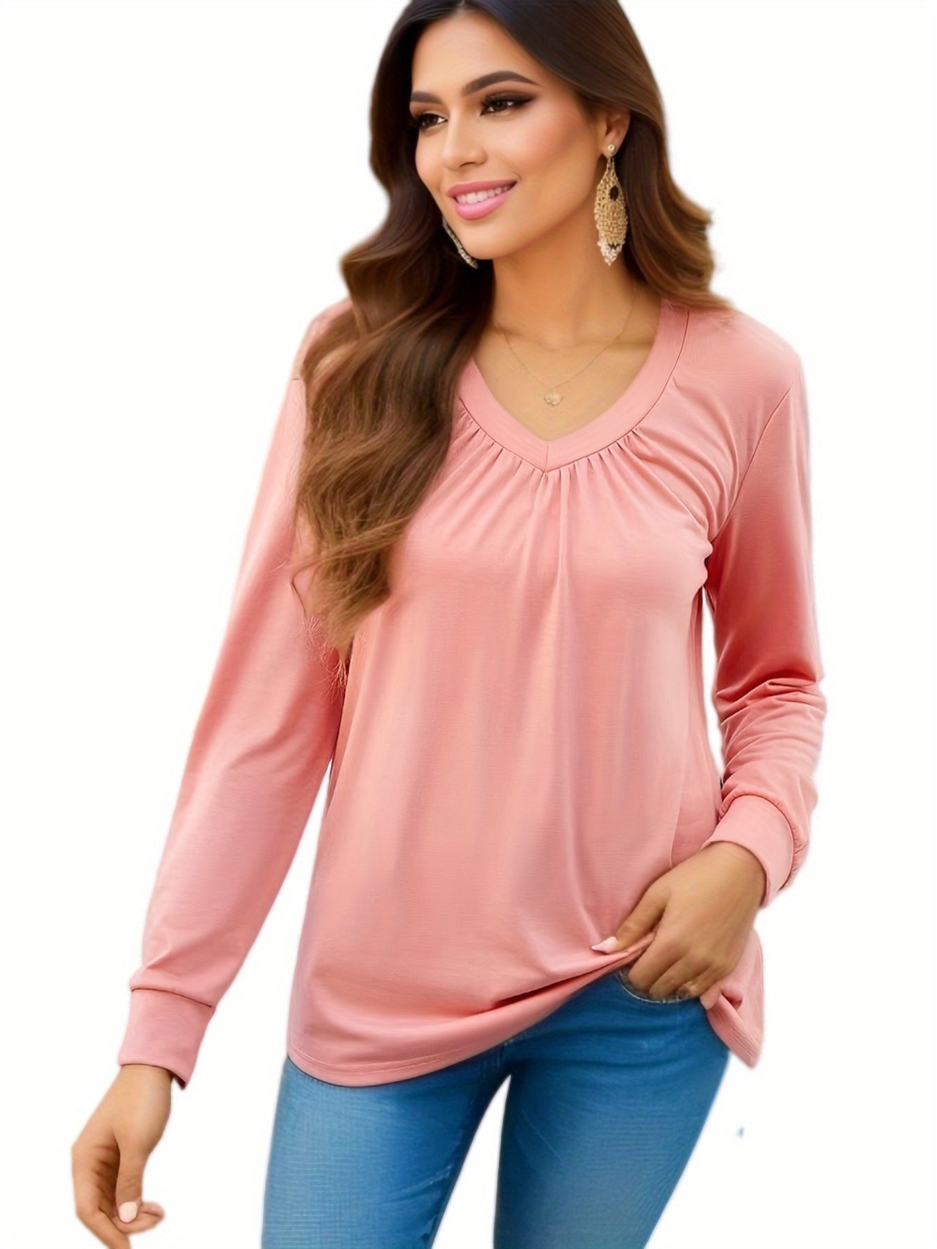 Women's 2025 Spring New Solid Color Ruched V Loose Long Sleeve Top with Ruffled Sleeves T Women's T-shirt - Seldom Seen Styles