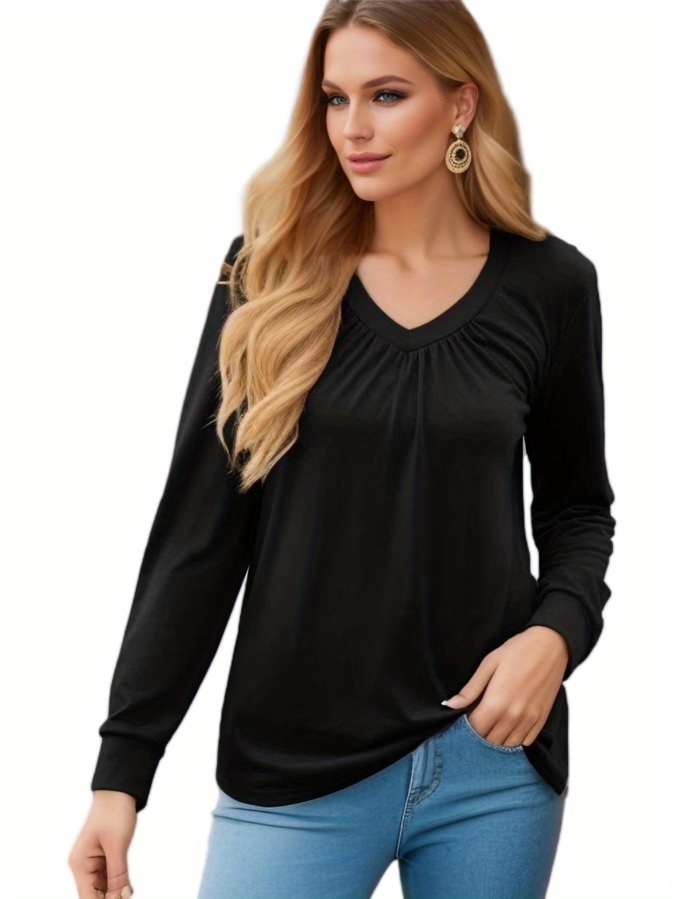 Women's 2025 Spring New Solid Color Ruched V Loose Long Sleeve Top with Ruffled Sleeves T Women's T-shirt - Seldom Seen Styles