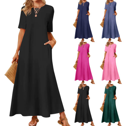 Women's 2025 Spring Summer Casual Maxi Dress Beach Vacation Short Sleeve Crewneck Basic Long T Shirt Dresses - Seldom Seen Styles