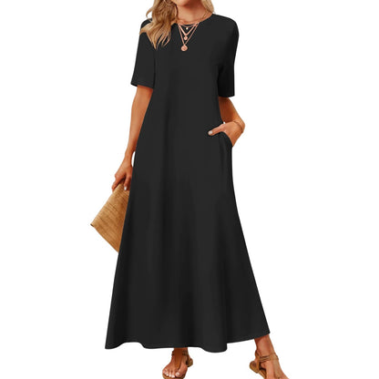 Women's 2025 Spring Summer Casual Maxi Dress Beach Vacation Short Sleeve Crewneck Basic Long T Shirt Dresses - Seldom Seen Styles