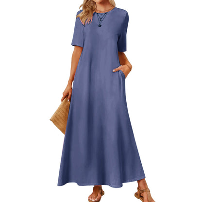 Women's 2025 Spring Summer Casual Maxi Dress Beach Vacation Short Sleeve Crewneck Basic Long T Shirt Dresses - Seldom Seen Styles