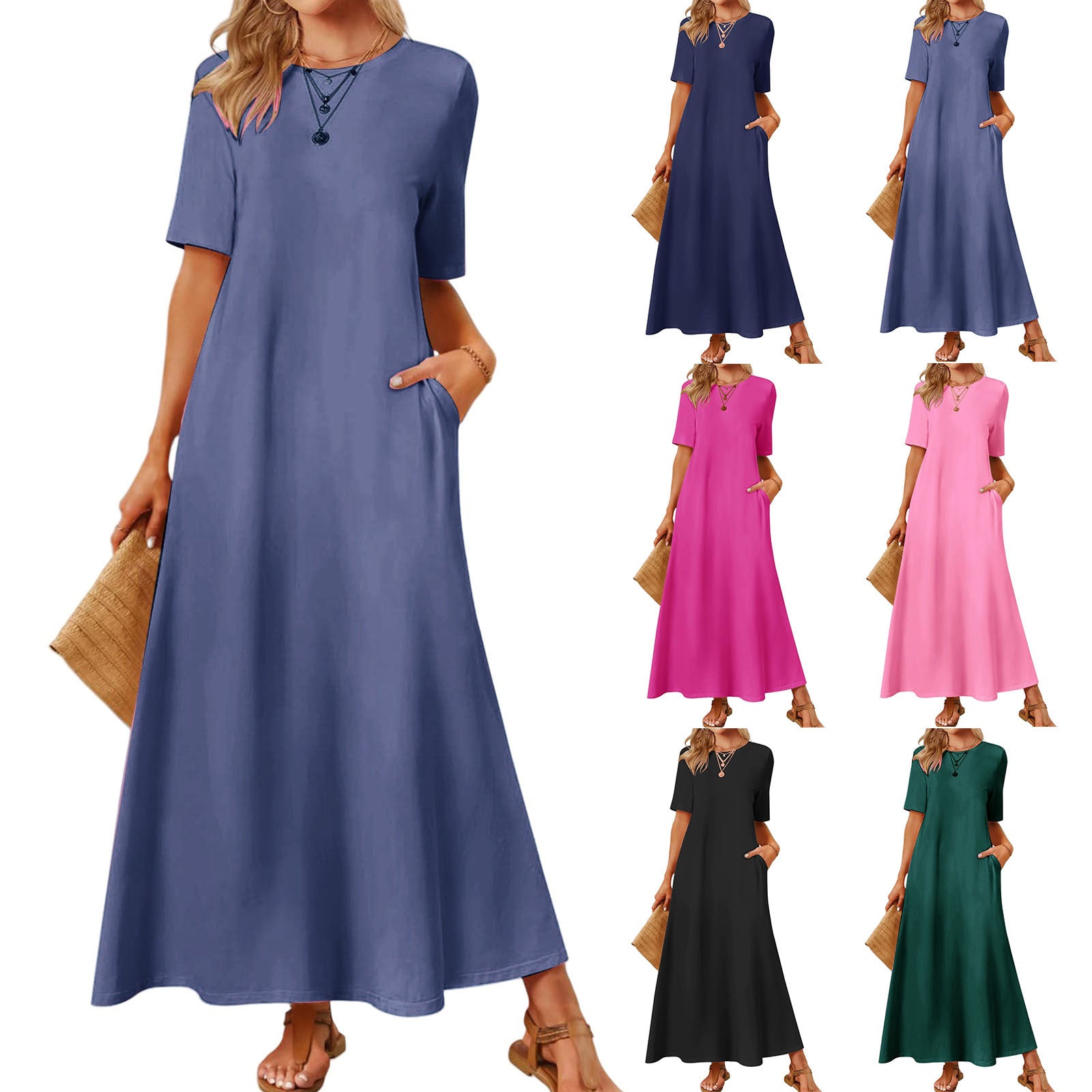 Women's 2025 Spring Summer Casual Maxi Dress Beach Vacation Short Sleeve Crewneck Basic Long T Shirt Dresses - Seldom Seen Styles