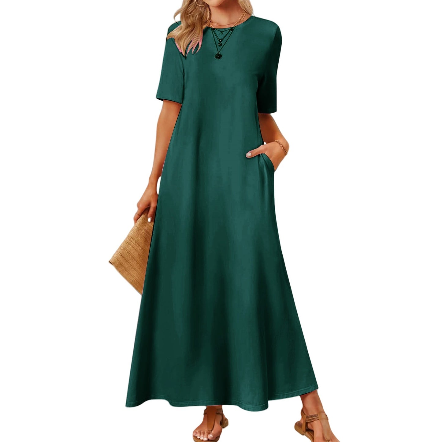 Women's 2025 Spring Summer Casual Maxi Dress Beach Vacation Short Sleeve Crewneck Basic Long T Shirt Dresses - Seldom Seen Styles