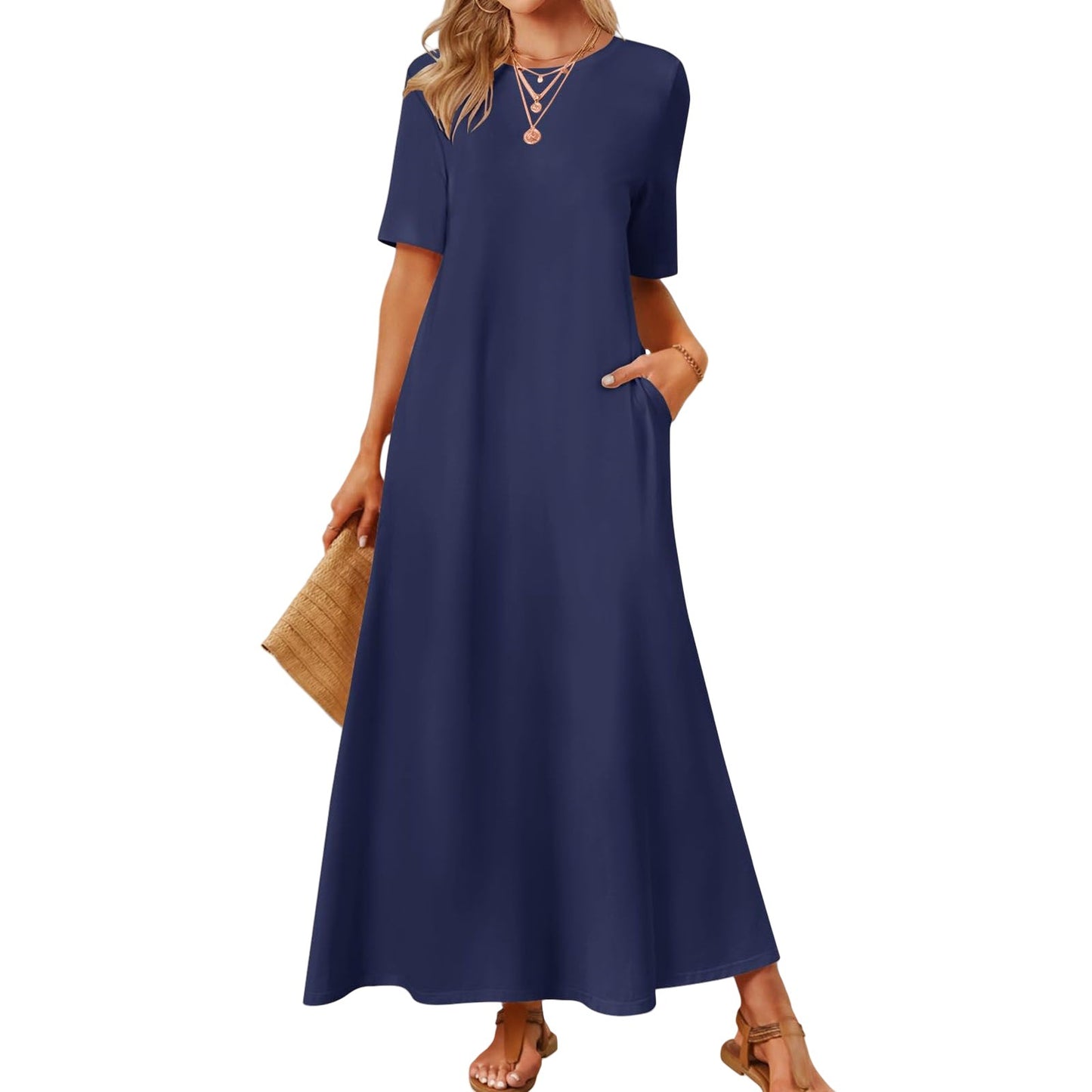 Women's 2025 Spring Summer Casual Maxi Dress Beach Vacation Short Sleeve Crewneck Basic Long T Shirt Dresses - Seldom Seen Styles