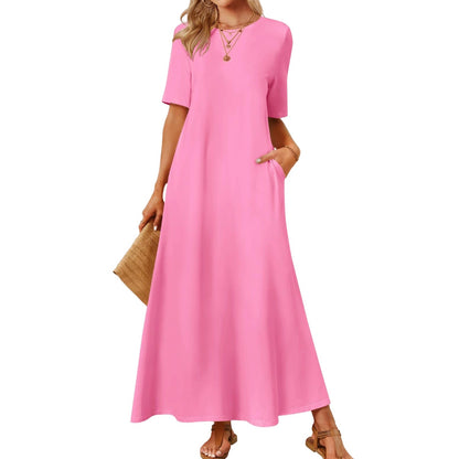 Women's 2025 Spring Summer Casual Maxi Dress Beach Vacation Short Sleeve Crewneck Basic Long T Shirt Dresses - Seldom Seen Styles