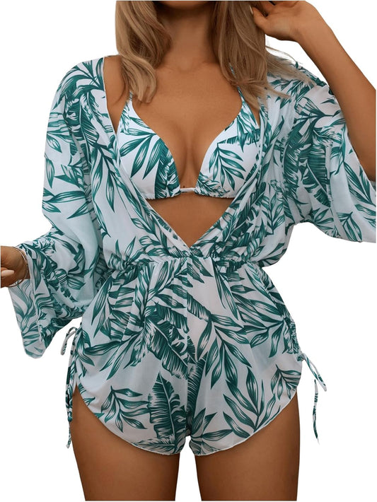 Women's 2025 Summer 3 Piece Swimsuits Tropical Print Bikini Set Halter Drawstring Bathing Suits with Cover Up - Seldom Seen Styles
