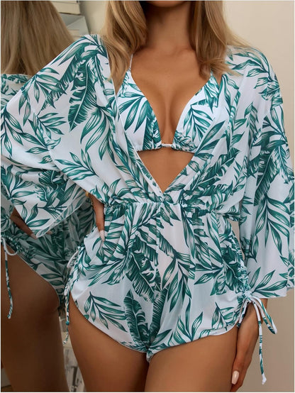 Women's 2025 Summer 3 Piece Swimsuits Tropical Print Bikini Set Halter Drawstring Bathing Suits with Cover Up - Seldom Seen Styles
