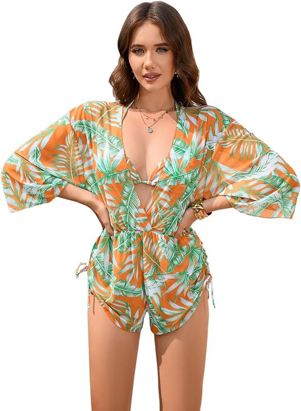 Women's 2025 Summer 3 Piece Swimsuits Tropical Print Bikini Set Halter Drawstring Bathing Suits with Cover Up - Seldom Seen Styles