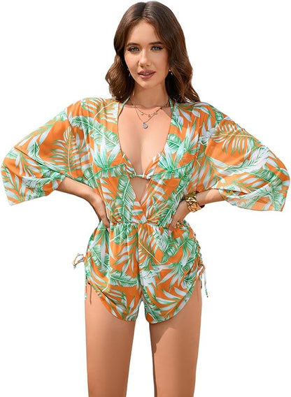 Women's 2025 Summer 3 Piece Swimsuits Tropical Print Bikini Set Halter Drawstring Bathing Suits with Cover Up - Seldom Seen Styles