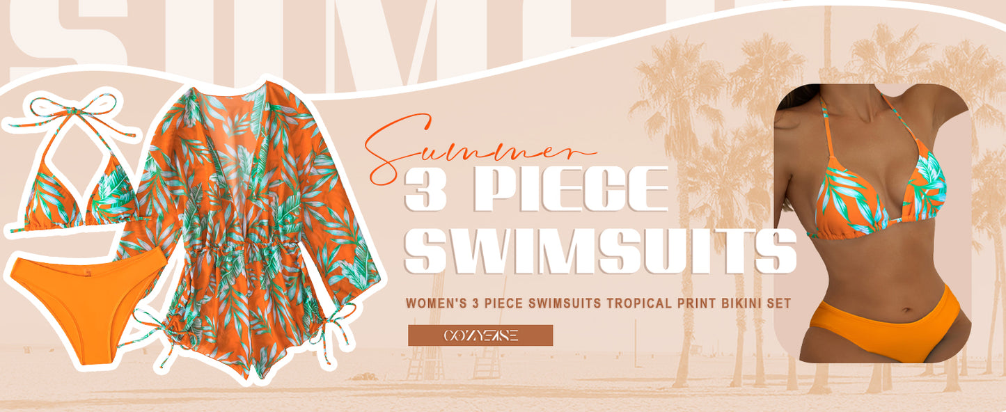Women's 2025 Summer 3 Piece Swimsuits Tropical Print Bikini Set Halter Drawstring Bathing Suits with Cover Up - Seldom Seen Styles