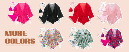 Women's 2025 Summer 3 Piece Swimsuits Tropical Print Bikini Set Halter Drawstring Bathing Suits with Cover Up - Seldom Seen Styles