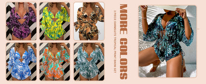 Women's 2025 Summer 3 Piece Swimsuits Tropical Print Bikini Set Halter Drawstring Bathing Suits with Cover Up - Seldom Seen Styles