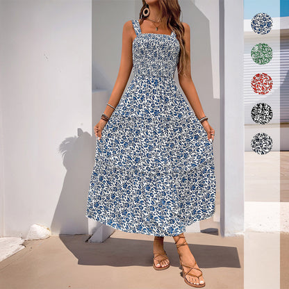 Women's 2025 Summer Floral Boho Dress Square Neck Strapped Swing A Line Sundress Beach Long Maxi Outfits - Seldom Seen Styles