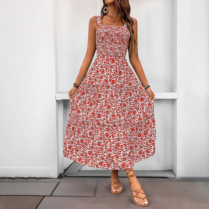 Women's 2025 Summer Floral Boho Dress Square Neck Strapped Swing A Line Sundress Beach Long Maxi Outfits - Seldom Seen Styles