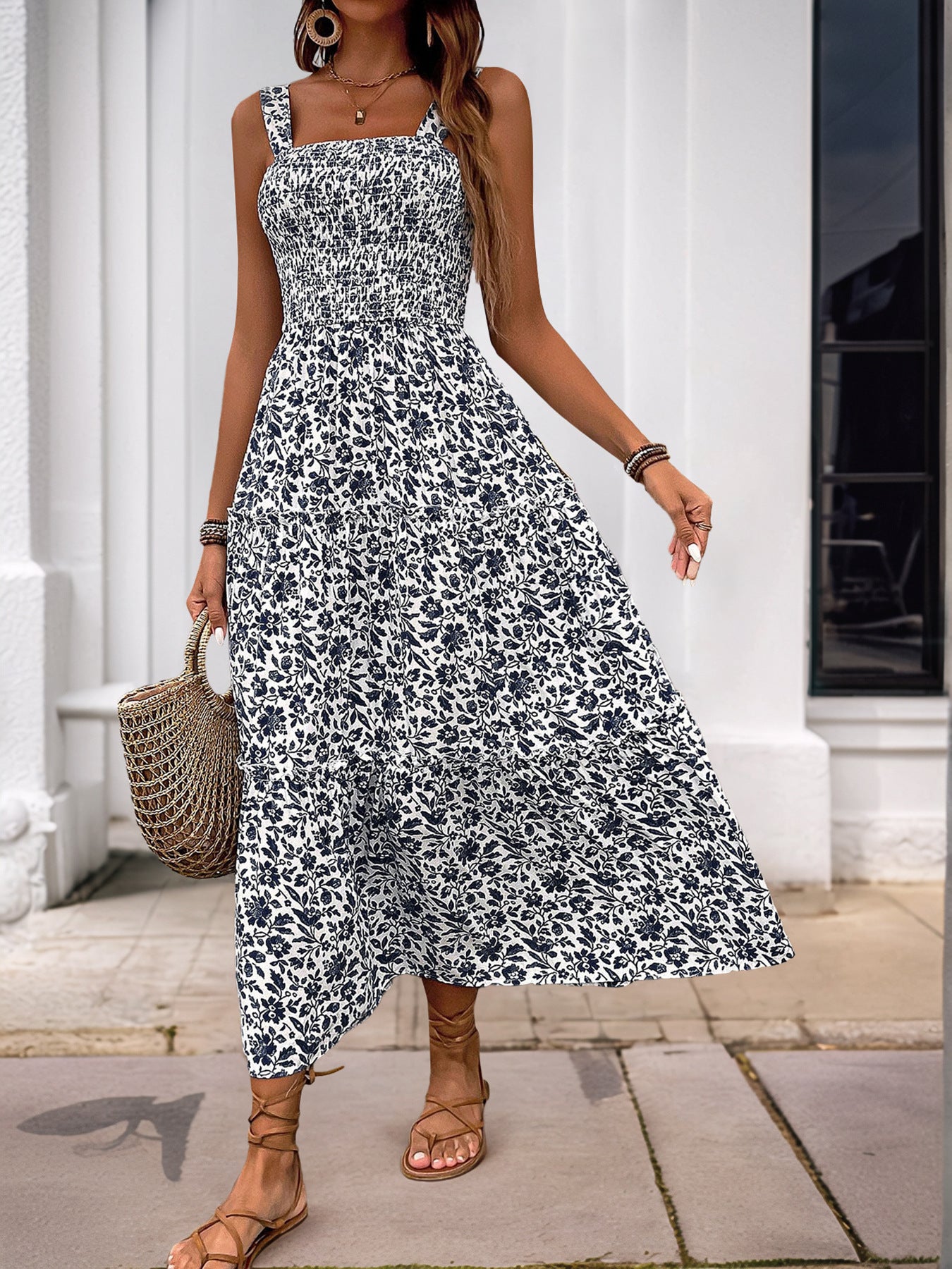 Women's 2025 Summer Floral Boho Dress Square Neck Strapped Swing A Line Sundress Beach Long Maxi Outfits - Seldom Seen Styles