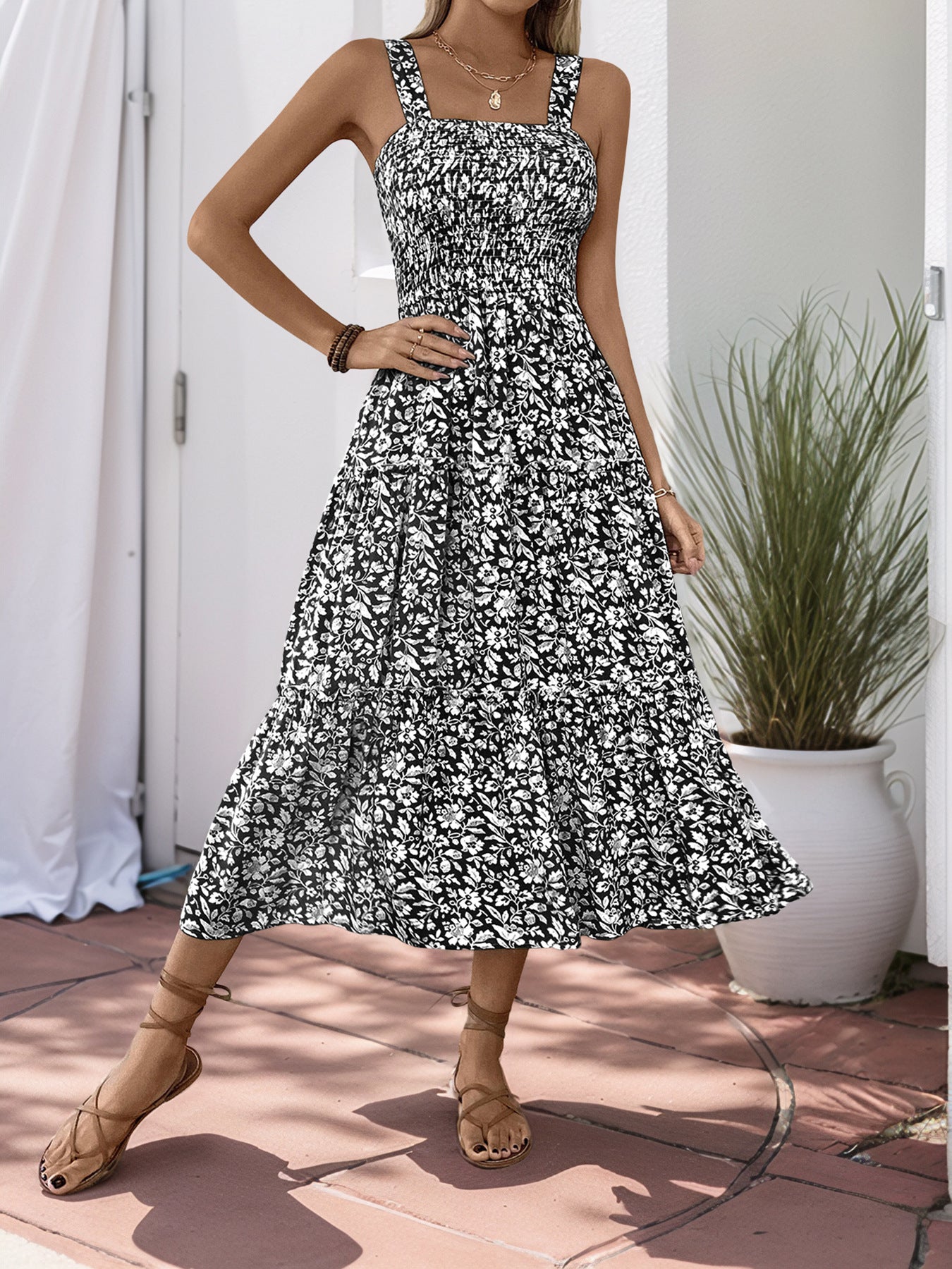 Women's 2025 Summer Floral Boho Dress Square Neck Strapped Swing A Line Sundress Beach Long Maxi Outfits - Seldom Seen Styles