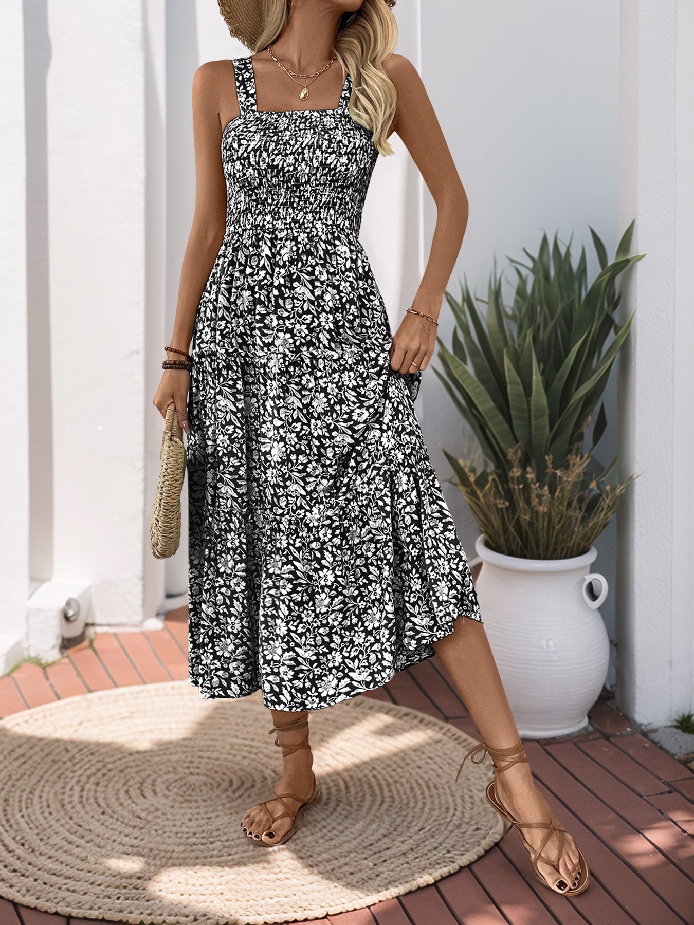 Women's 2025 Summer Floral Boho Dress Square Neck Strapped Swing A Line Sundress Beach Long Maxi Outfits - Seldom Seen Styles