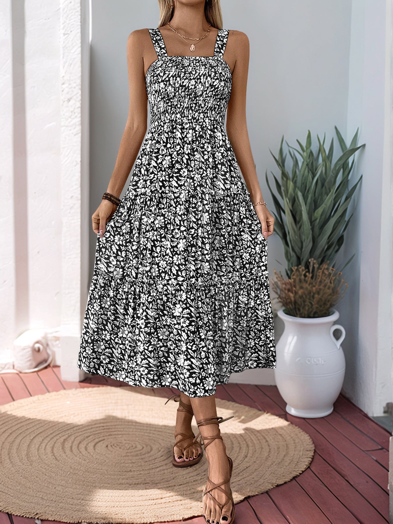 Women's 2025 Summer Floral Boho Dress Square Neck Strapped Swing A Line Sundress Beach Long Maxi Outfits - Seldom Seen Styles