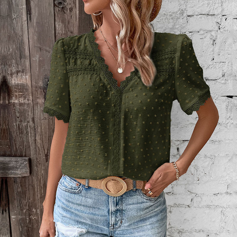 Women's 2025 Summer V Neck Lace Crochet Blouse Swiss Dot Business Casual Cute Shirts Tops - Seldom Seen Styles