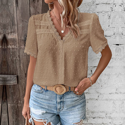 Women's 2025 Summer V Neck Lace Crochet Blouse Swiss Dot Business Casual Cute Shirts Tops - Seldom Seen Styles
