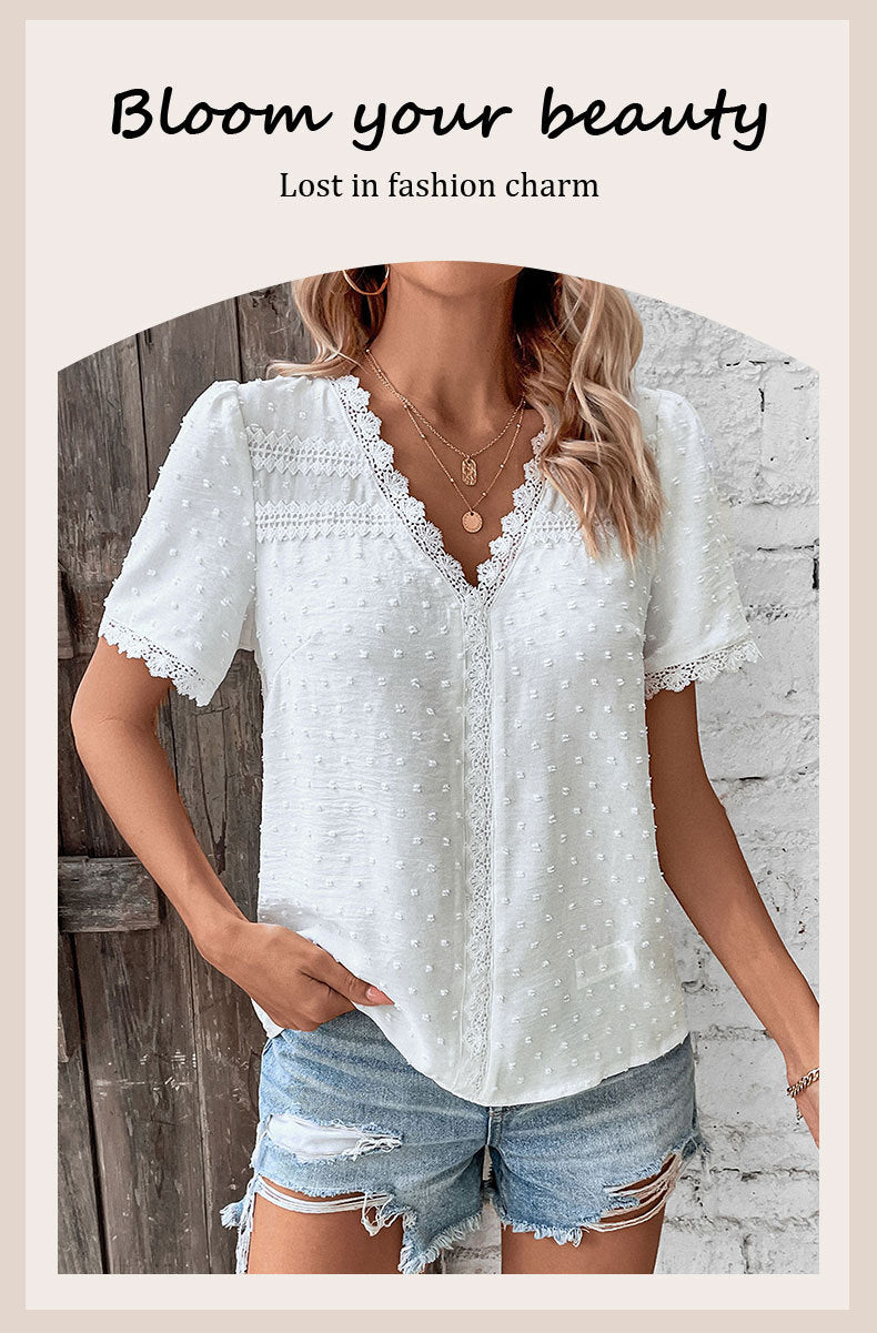 Women's 2025 Summer V Neck Lace Crochet Blouse Swiss Dot Business Casual Cute Shirts Tops - Seldom Seen Styles