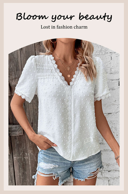 Women's 2025 Summer V Neck Lace Crochet Blouse Swiss Dot Business Casual Cute Shirts Tops - Seldom Seen Styles