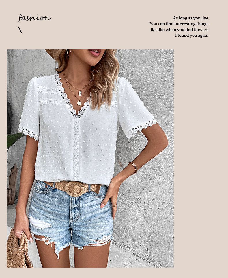 Women's 2025 Summer V Neck Lace Crochet Blouse Swiss Dot Business Casual Cute Shirts Tops - Seldom Seen Styles