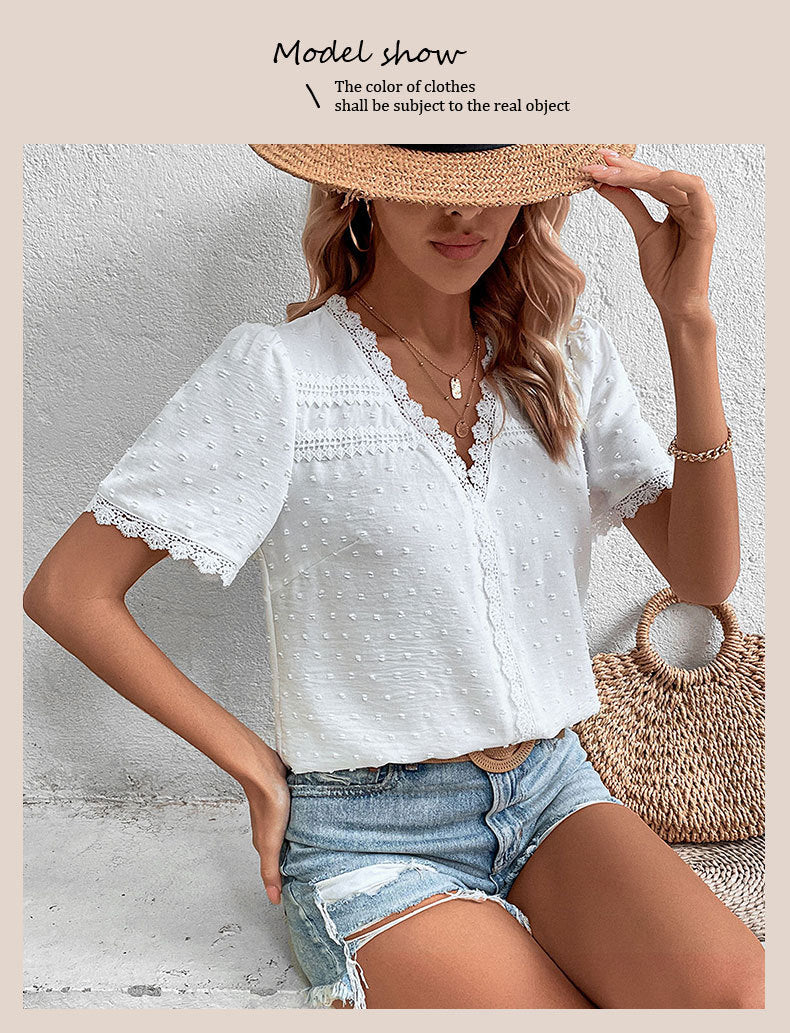 Women's 2025 Summer V Neck Lace Crochet Blouse Swiss Dot Business Casual Cute Shirts Tops - Seldom Seen Styles