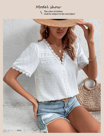 Women's 2025 Summer V Neck Lace Crochet Blouse Swiss Dot Business Casual Cute Shirts Tops - Seldom Seen Styles
