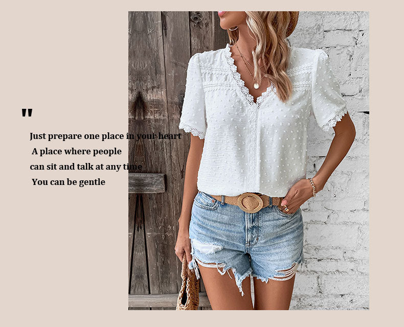 Women's 2025 Summer V Neck Lace Crochet Blouse Swiss Dot Business Casual Cute Shirts Tops - Seldom Seen Styles