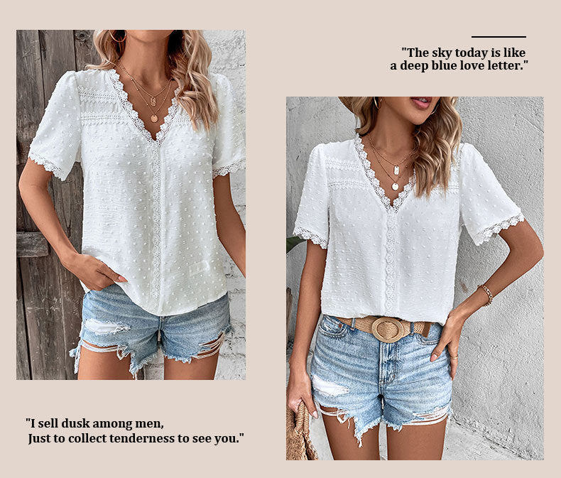 Women's 2025 Summer V Neck Lace Crochet Blouse Swiss Dot Business Casual Cute Shirts Tops - Seldom Seen Styles