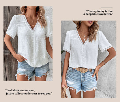 Women's 2025 Summer V Neck Lace Crochet Blouse Swiss Dot Business Casual Cute Shirts Tops - Seldom Seen Styles
