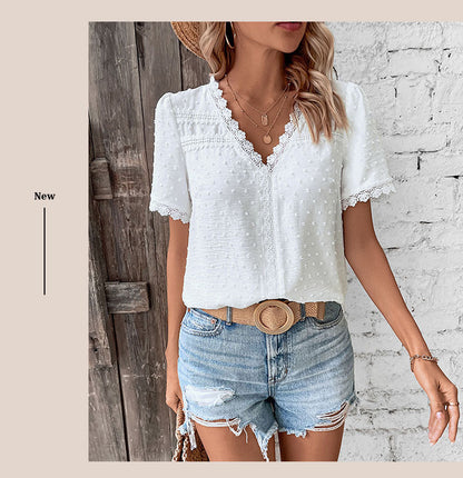 Women's 2025 Summer V Neck Lace Crochet Blouse Swiss Dot Business Casual Cute Shirts Tops - Seldom Seen Styles