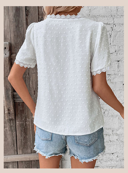 Women's 2025 Summer V Neck Lace Crochet Blouse Swiss Dot Business Casual Cute Shirts Tops - Seldom Seen Styles