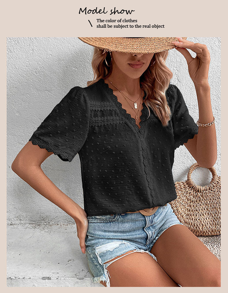 Women's 2025 Summer V Neck Lace Crochet Blouse Swiss Dot Business Casual Cute Shirts Tops - Seldom Seen Styles