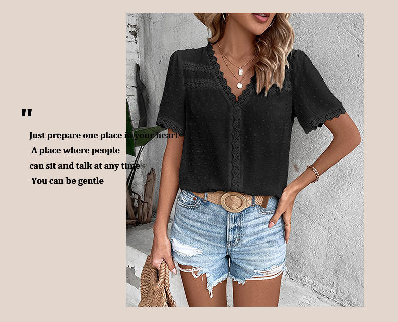 Women's 2025 Summer V Neck Lace Crochet Blouse Swiss Dot Business Casual Cute Shirts Tops - Seldom Seen Styles