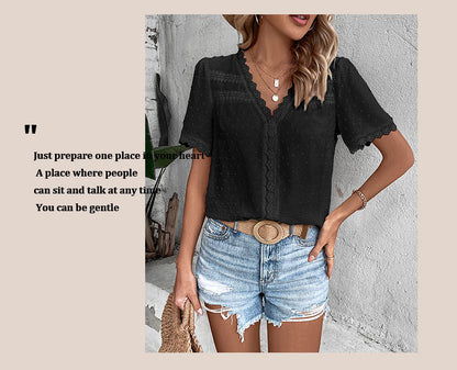 Women's 2025 Summer V Neck Lace Crochet Blouse Swiss Dot Business Casual Cute Shirts Tops - Seldom Seen Styles