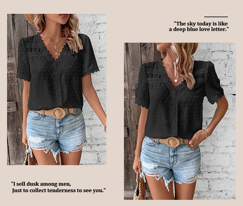 Women's 2025 Summer V Neck Lace Crochet Blouse Swiss Dot Business Casual Cute Shirts Tops - Seldom Seen Styles
