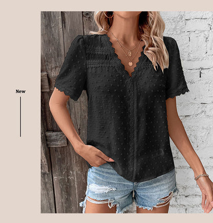 Women's 2025 Summer V Neck Lace Crochet Blouse Swiss Dot Business Casual Cute Shirts Tops - Seldom Seen Styles