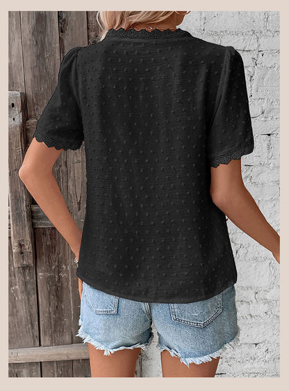 Women's 2025 Summer V Neck Lace Crochet Blouse Swiss Dot Business Casual Cute Shirts Tops - Seldom Seen Styles