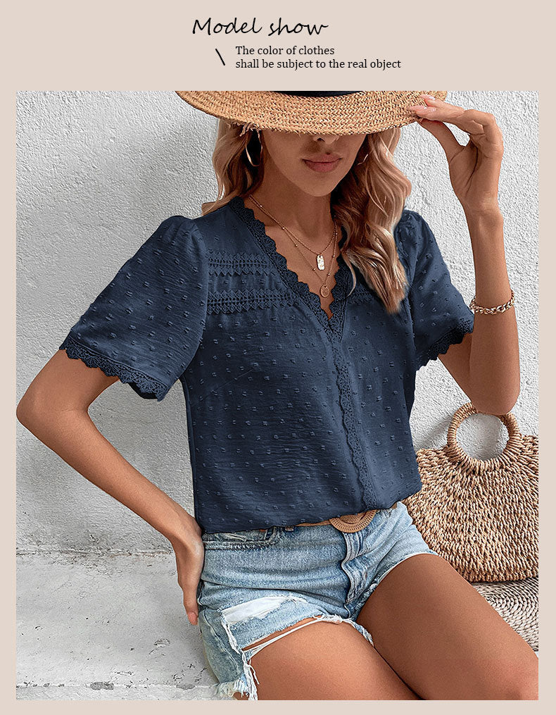 Women's 2025 Summer V Neck Lace Crochet Blouse Swiss Dot Business Casual Cute Shirts Tops - Seldom Seen Styles