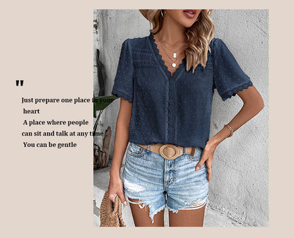 Women's 2025 Summer V Neck Lace Crochet Blouse Swiss Dot Business Casual Cute Shirts Tops - Seldom Seen Styles
