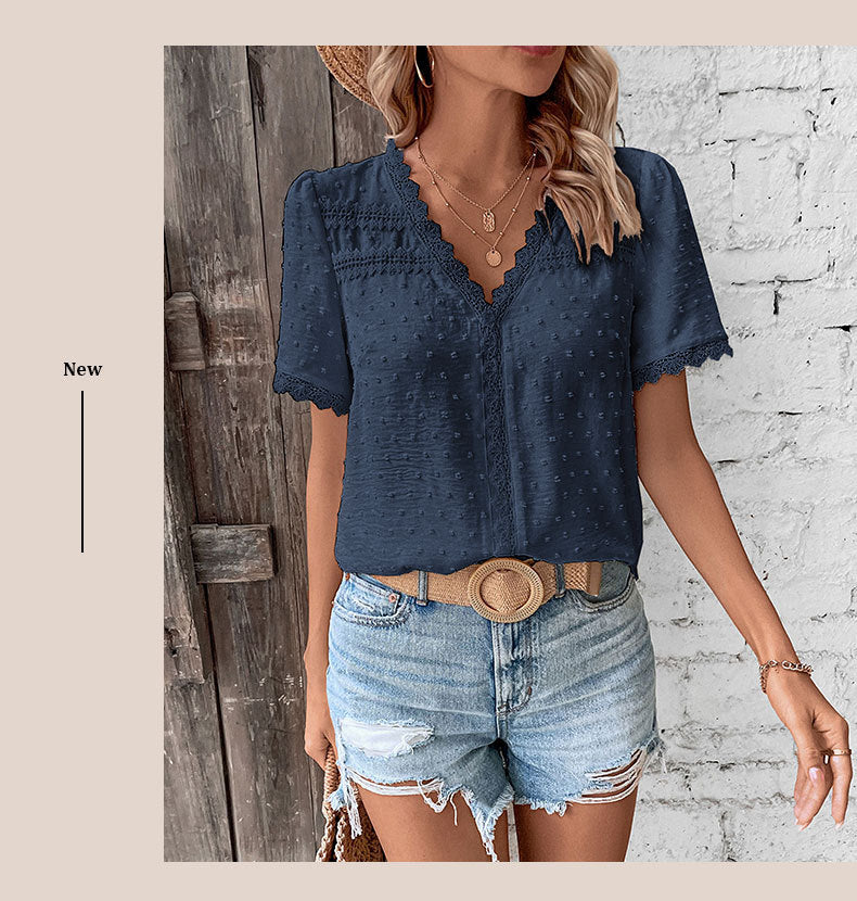 Women's 2025 Summer V Neck Lace Crochet Blouse Swiss Dot Business Casual Cute Shirts Tops - Seldom Seen Styles
