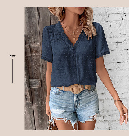 Women's 2025 Summer V Neck Lace Crochet Blouse Swiss Dot Business Casual Cute Shirts Tops - Seldom Seen Styles