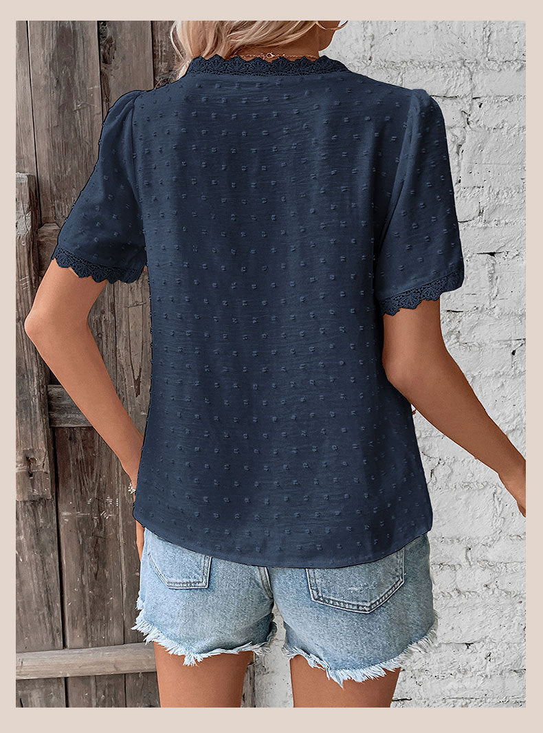 Women's 2025 Summer V Neck Lace Crochet Blouse Swiss Dot Business Casual Cute Shirts Tops - Seldom Seen Styles