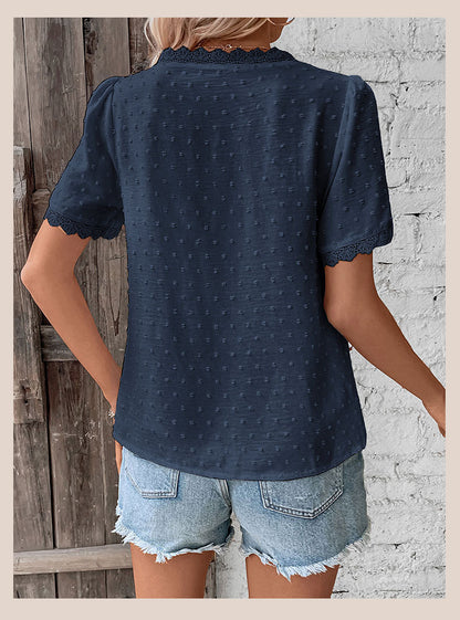 Women's 2025 Summer V Neck Lace Crochet Blouse Swiss Dot Business Casual Cute Shirts Tops - Seldom Seen Styles