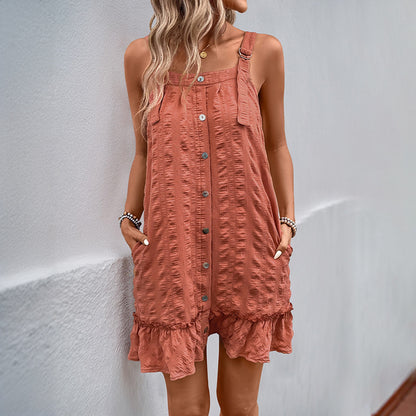 Women's Adjustable Spaghetti Strap Textured Mini Dress Summer Square Neck Sleeveless Button A Line Party Dress - Seldom Seen Styles