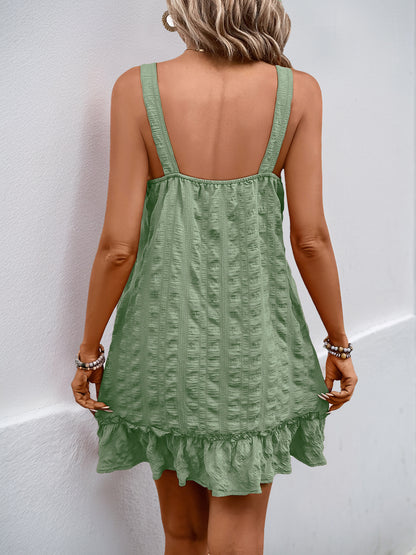 Women's Adjustable Spaghetti Strap Textured Mini Dress Summer Square Neck Sleeveless Button A Line Party Dress - Seldom Seen Styles