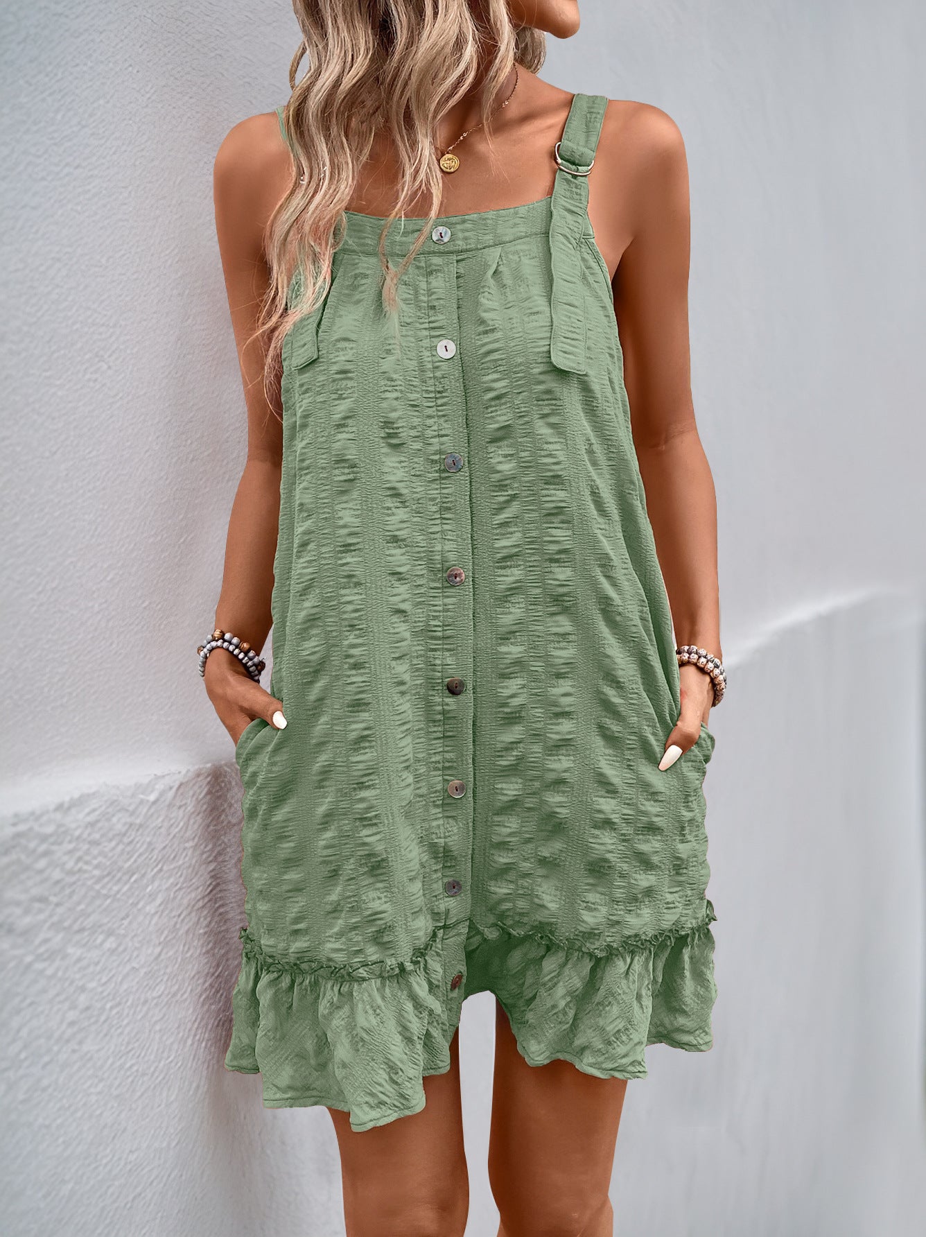 Women's Adjustable Spaghetti Strap Textured Mini Dress Summer Square Neck Sleeveless Button A Line Party Dress - Seldom Seen Styles