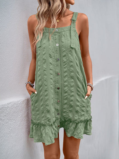 Women's Adjustable Spaghetti Strap Textured Mini Dress Summer Square Neck Sleeveless Button A Line Party Dress - Seldom Seen Styles